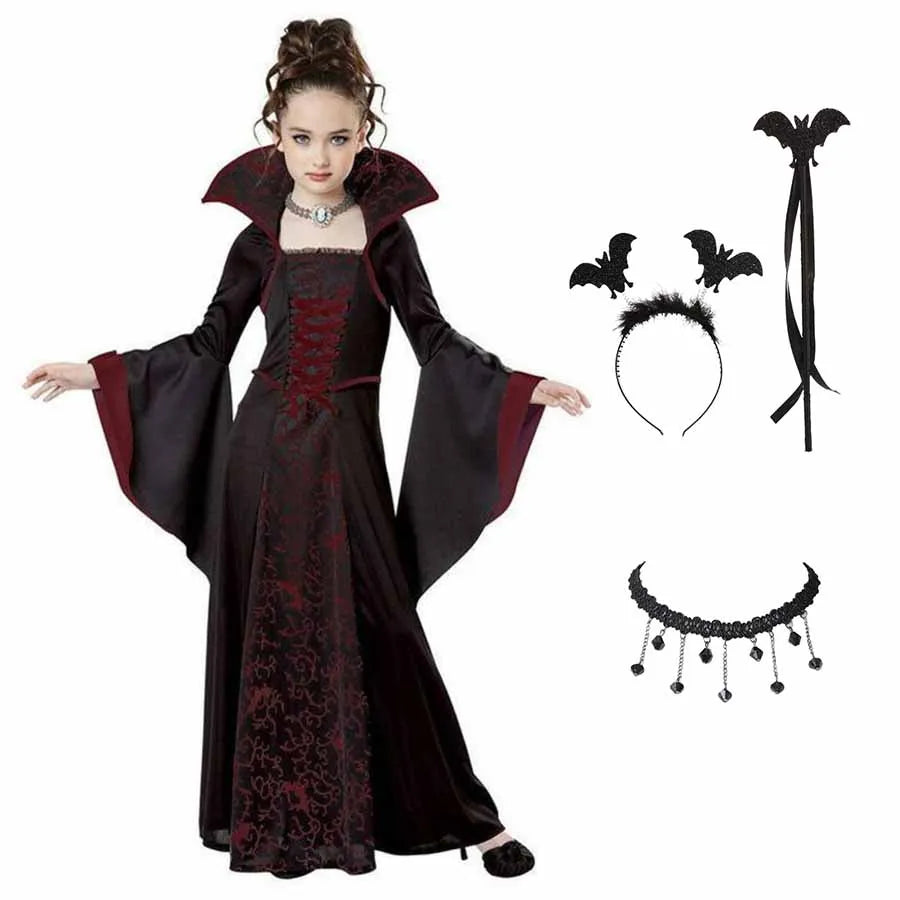Costume d’Halloween pour enfants, costume de vampire fantastique pour filles, robe longue en tulle, tenue de carnaval gothique à plumes