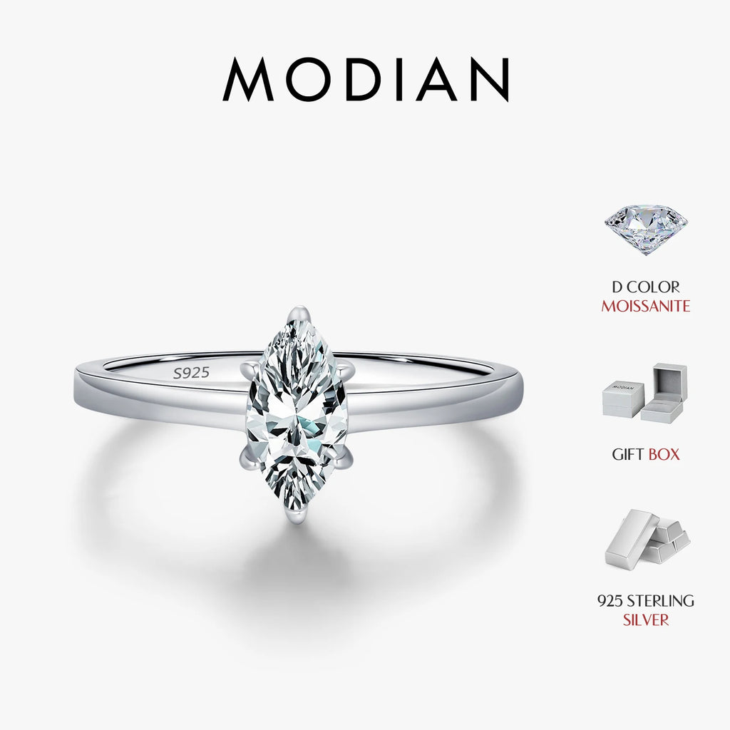 Anillo MODIAN D Color con moissanita romboidal talla marquesa, plata de ley 925, lujo, para mujer, boda, joyería fina y regalos