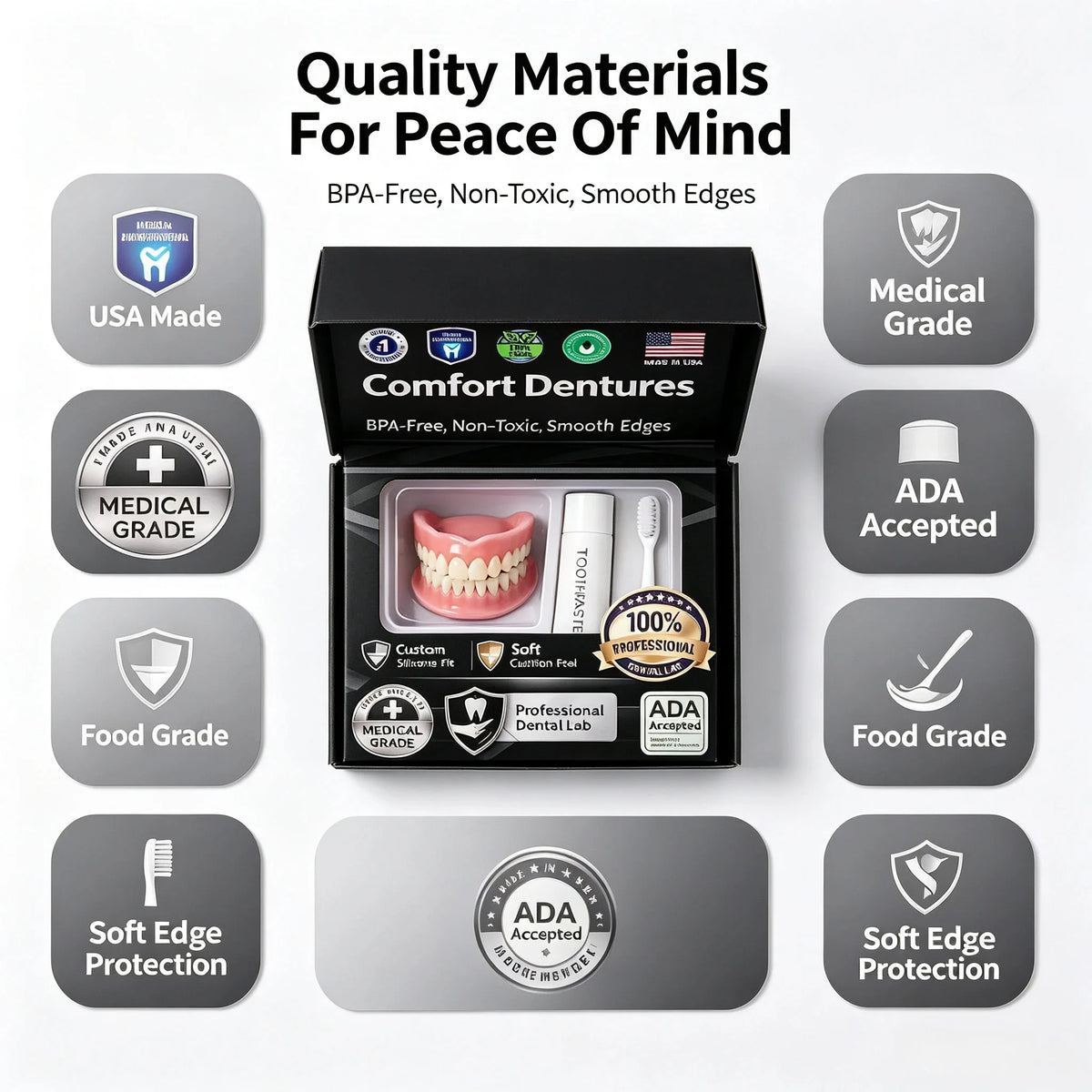 2026 New Instant Smile Moldable Silicone Denture Kit, Natural Ivory Upper & Lower False Teeth With Toothbrush & Toothpaste