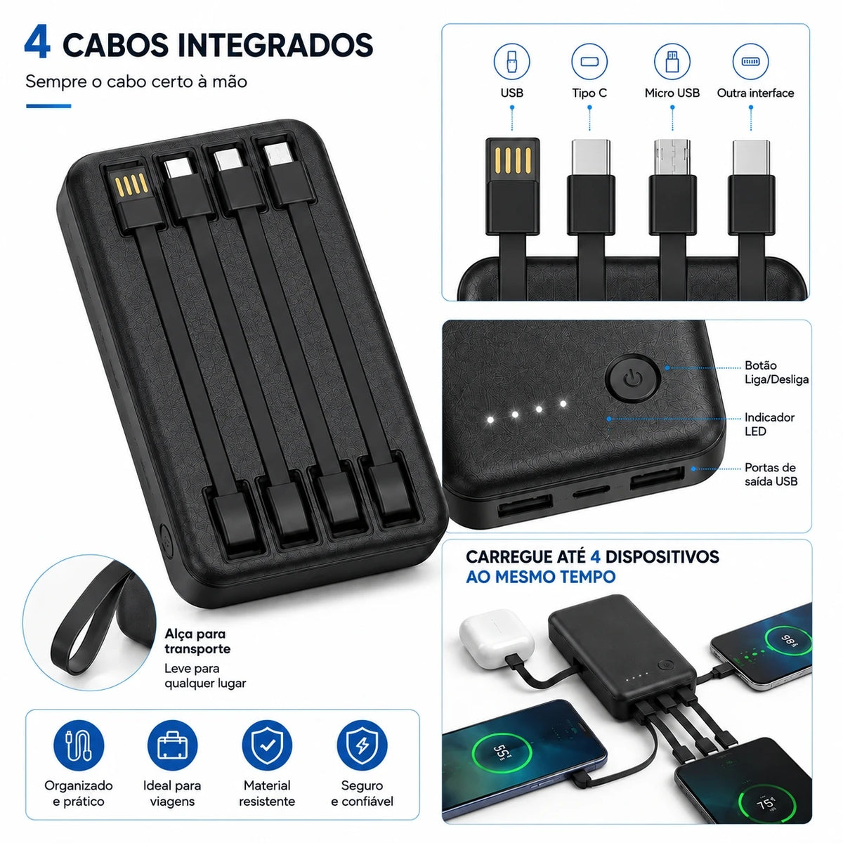 Power Bank 12000mAh And 26000mAh Portable Fast Charger With 4 USB Cables For Smartphones And Travel
