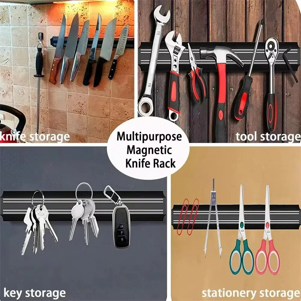 Powerful Magnetic Knife Holder, Multifunctional Wall-Mounted Knife Rack, Black, Practical Kitchen Organizer, No Drilling Required