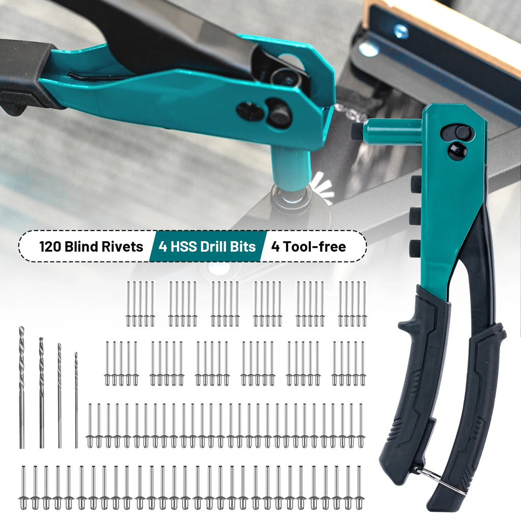 Rivet Gun Kit, Pop Rivet Gun, Heavy Duty Rivet Tool, Professional Hand Riveter, Manual Riveting Tool with 120 Blind Rivets, 4 HSS Drill Bits, 4 Tool-free Interchangeable Heads