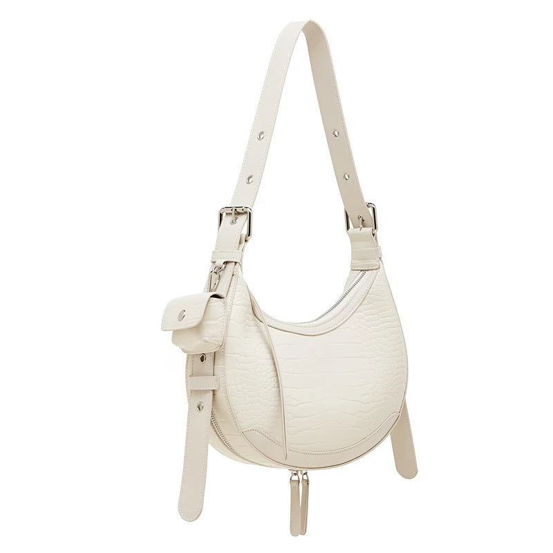 BURMINSA Vintage Croc Embossed Genuine Leather Crescent Shoulder Bag Women Half Moon Underarm Purse Going Out Crossbody Handbags