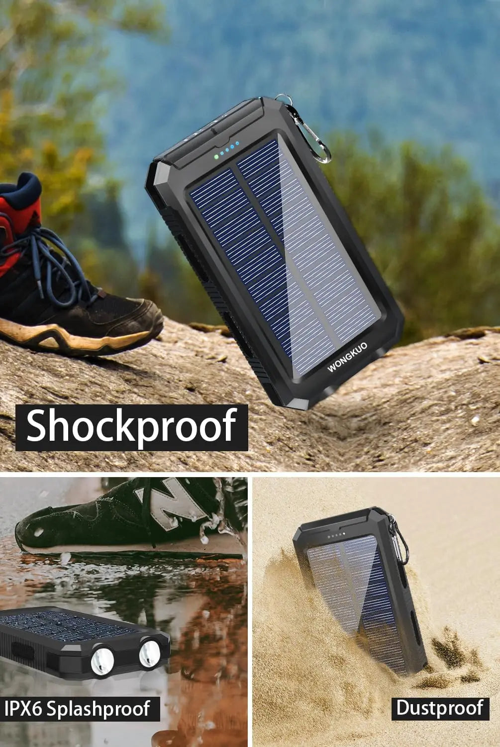 Solar Power Bank, QC3.0 Phone Charger, LED, IP65, Black | Built-in Charging Cables Dual USB Output Ports Emergency Backup Power Carabiner Clip Included Travel-Ready Portable Design