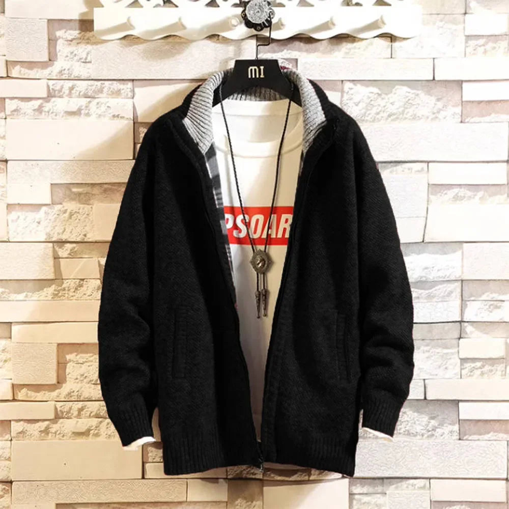 Autumn New Men's Trendy Cardigan Fleece Thicken Solid Casual Loose Sweater Men's Stand-up Collar Knitting Sweater Cardigans