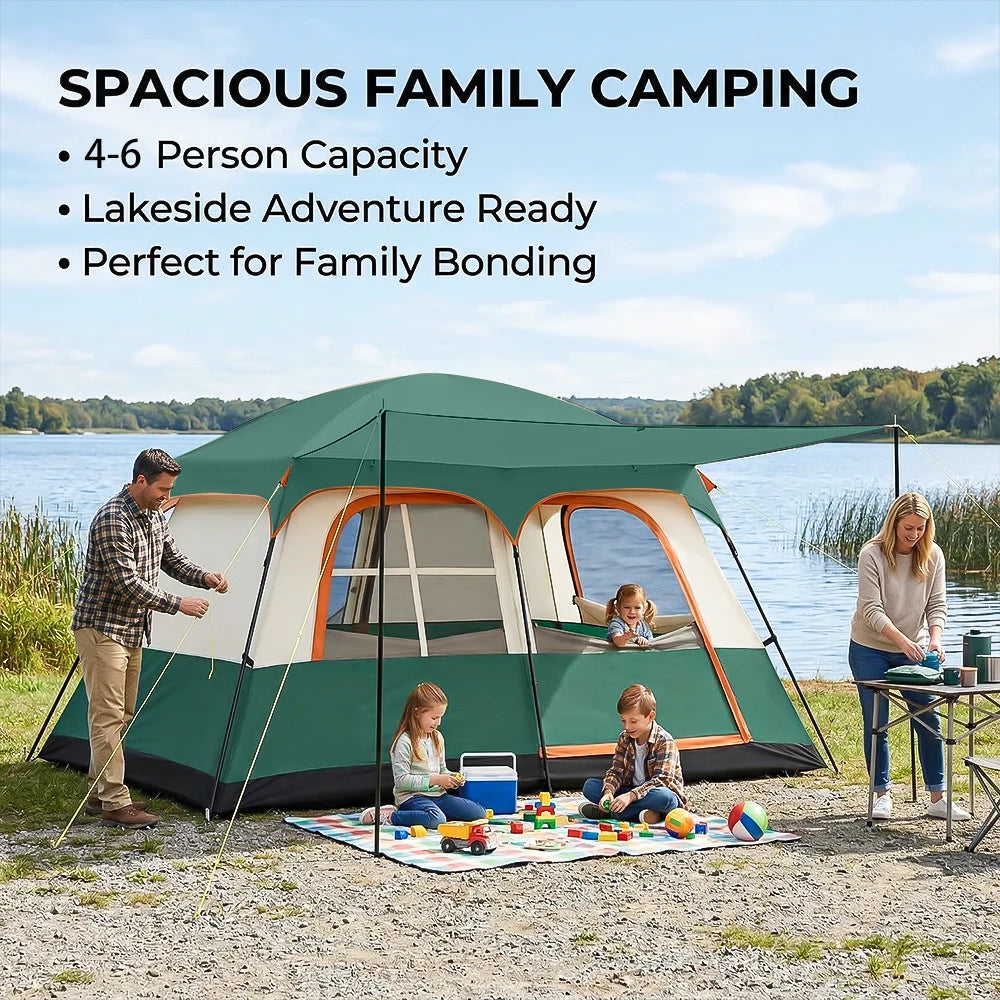 Large Camping Tent 4-6 Person Outdoor Family Tent with Extendable Canopy UV Protection Windproof Anti Mosquito for Camping Hiking