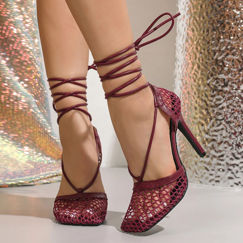 Scarpe donna Liyke in rete con lacci alla caviglia e tacco