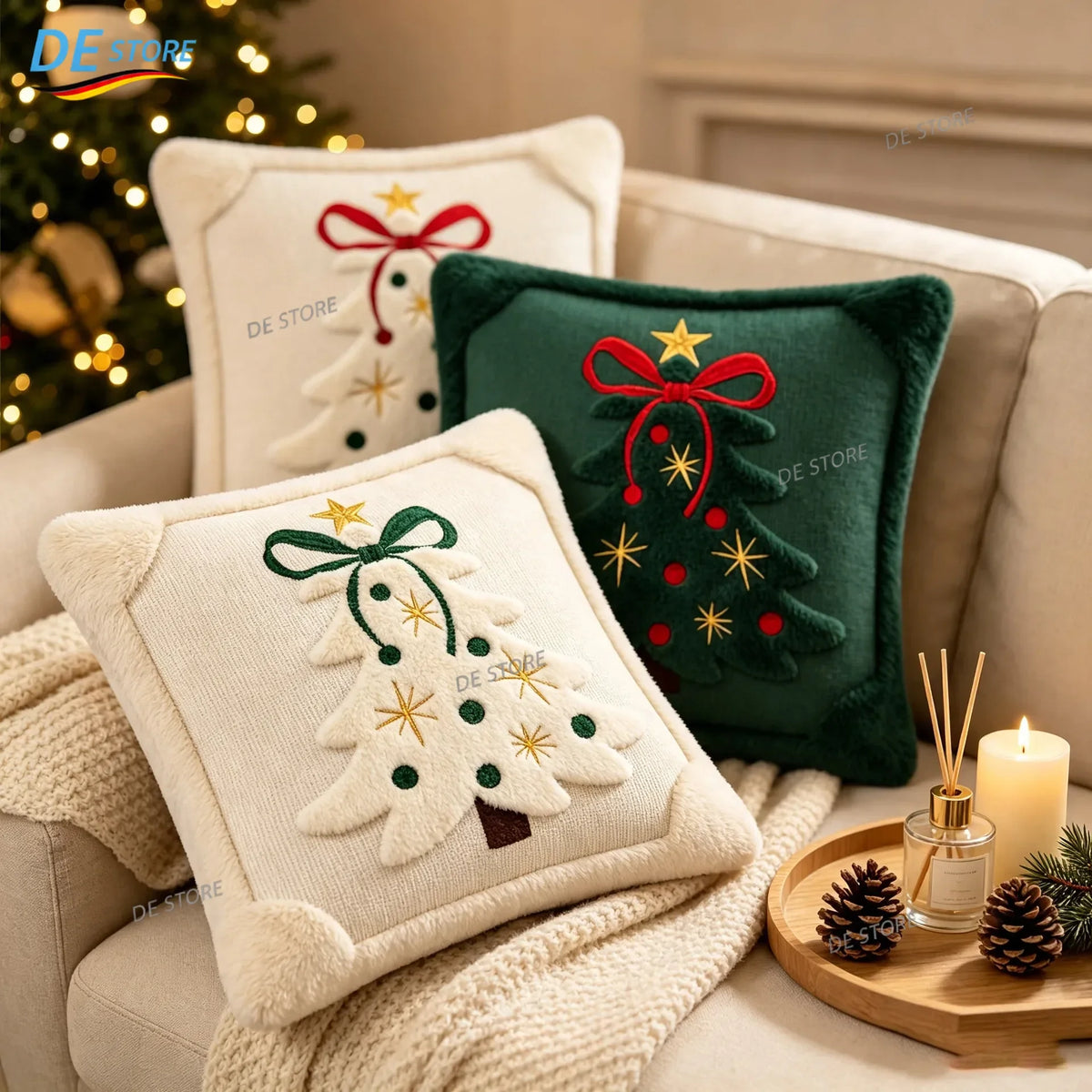 3D-Jacquard-Kissenbezug mit Winterplüsch und gestickter Schleife und Stern, Weihnachtsdekoration, 45 x 45 cm, Geschenk zu Weihnachten und Neujahr