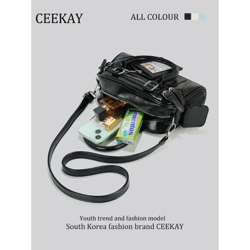 2026 New CEEKAY Boston Bag, Patent Leather Handbag with Card Holder Pendant, Casual Shoulder Bag for Women Casual Crossbody Bag