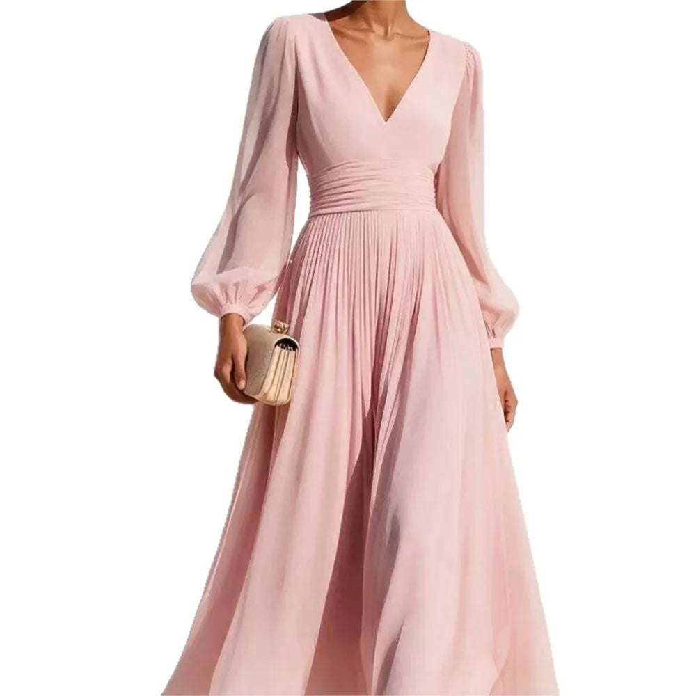 Damen-Midikleid mit langen Ärmeln und V-Ausschnitt