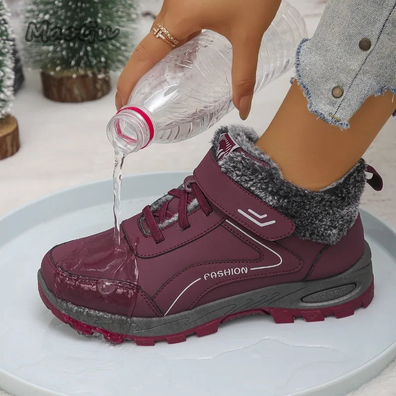 Damen-Winterstiefel, warm und kuschelig gefüttert, mit Plateau, rutschfester Sohle und Fellbesatz, knöchelhoch, für Outdoor-Aktivitäten, Größe 36