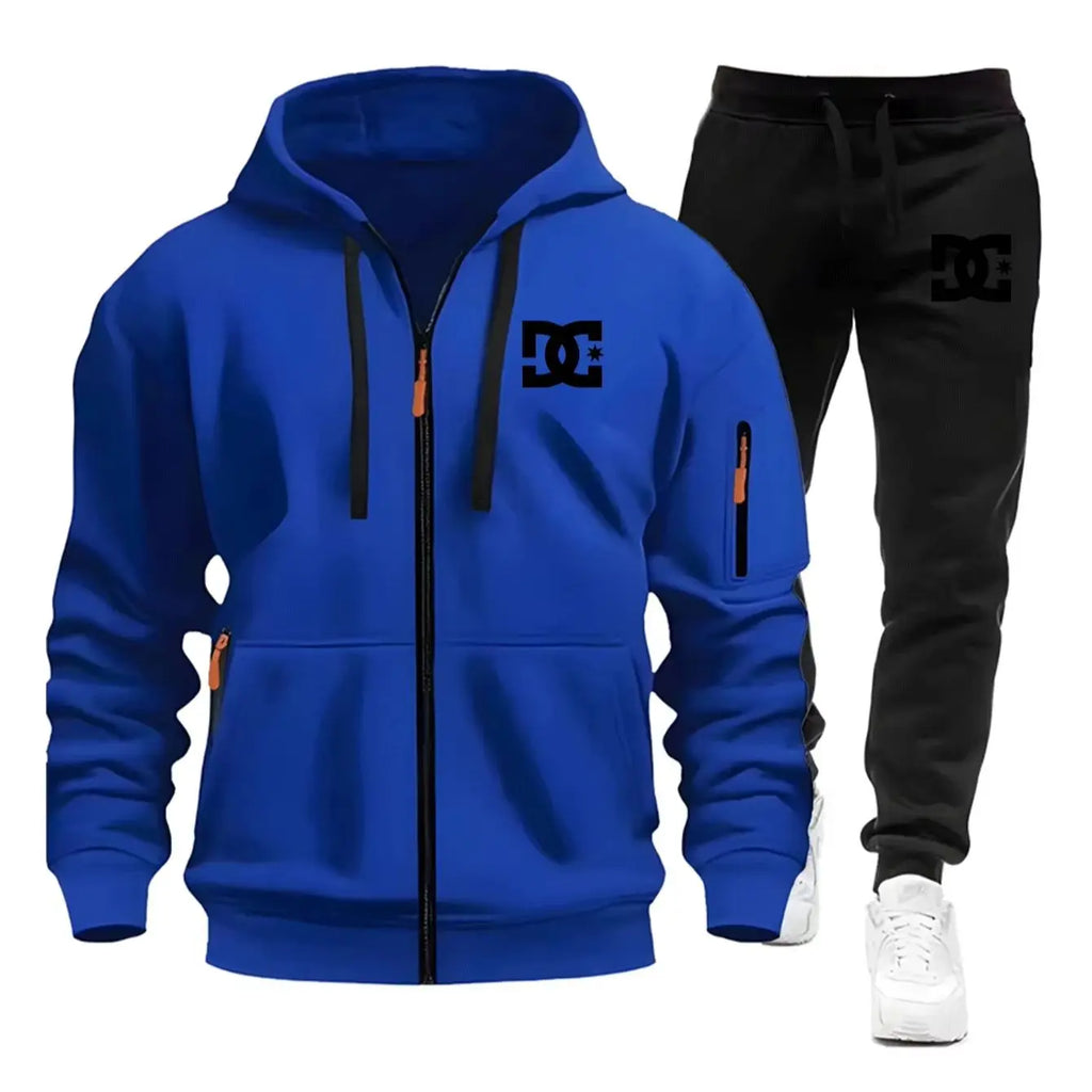 Two sets of men's sportswear for autumn/Winter 2026, including a sweatshirt and two sets of fitness jogging pants with wool caps