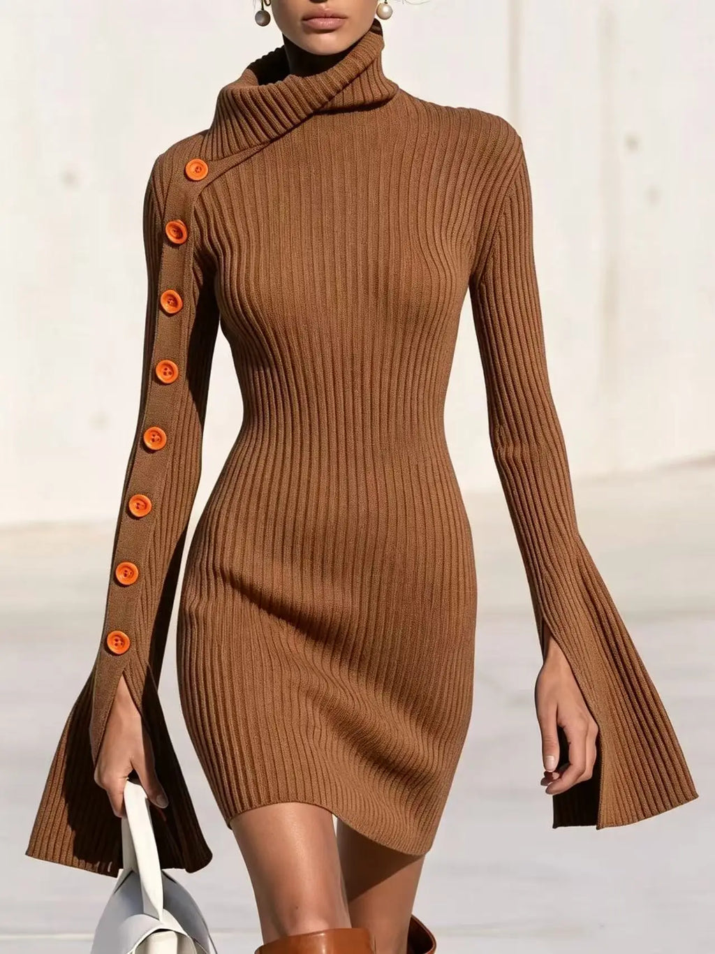 Women's Elegant Ribbed Knitted Tight Fitting Dress With High Neck Split Flared Sleeves Decorative Buttons Slim Fit Party Dress