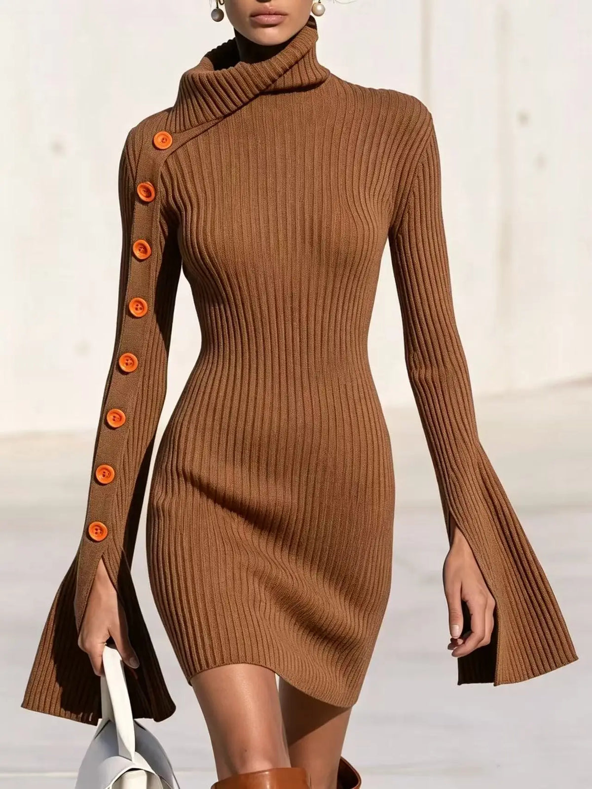 Women's Elegant Ribbed Knitted Tight Fitting Dress With High Neck Split Flared Sleeves Decorative Buttons Slim Fit Party Dress