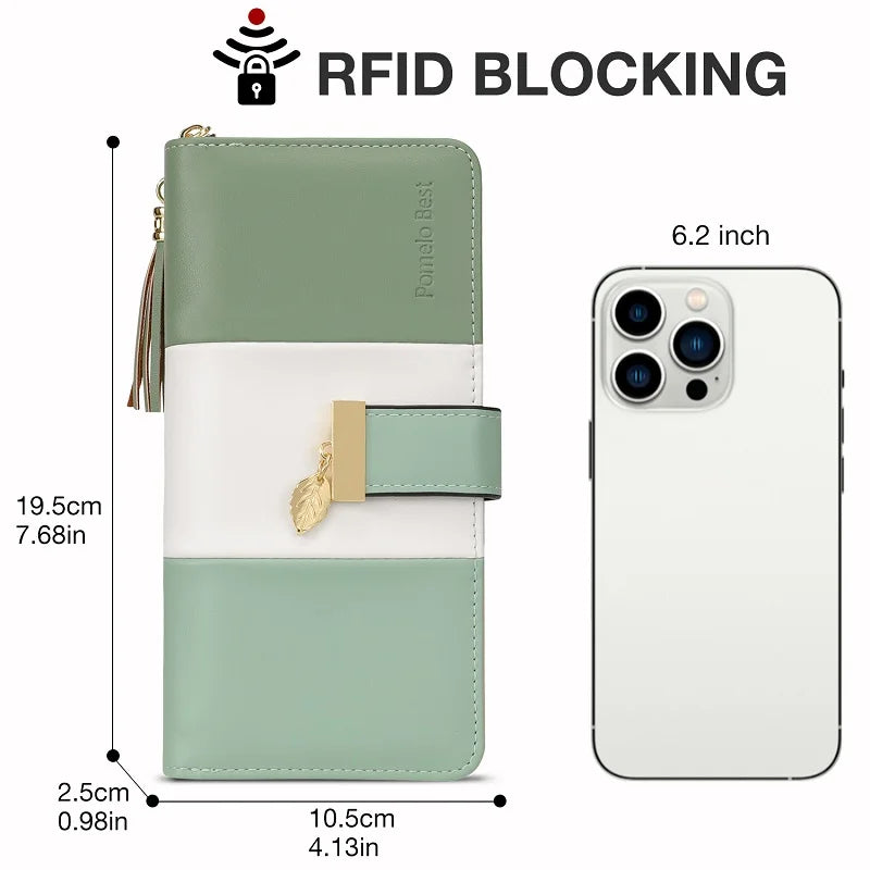 Pomelo Best 2026 Women RFID Wallet Color Block PU Clutch Multi Card Slots Phone Compartment Zipper Ladies Travel Coin Purse