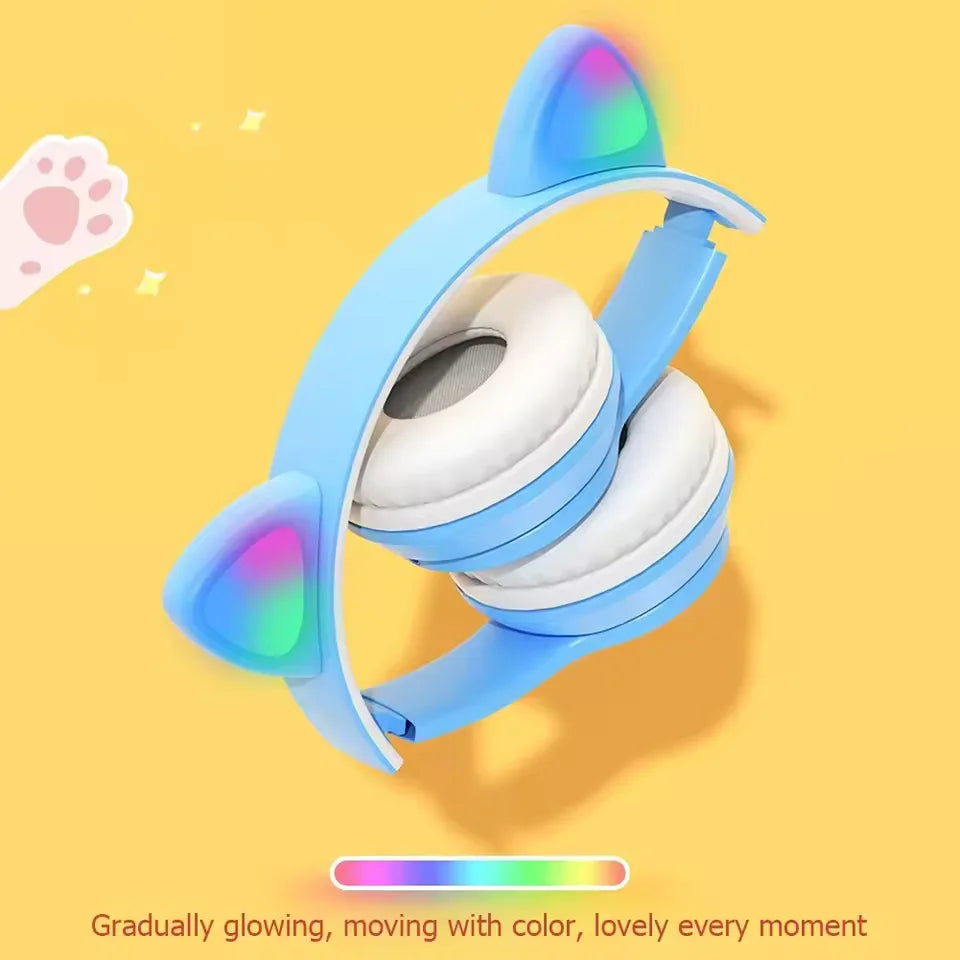 Casque audio sans fil Bluetooth avec oreilles de chat lumineuses, microphone intégré, modèle P47M pour enfants et filles, écouteurs stéréo pour sport
