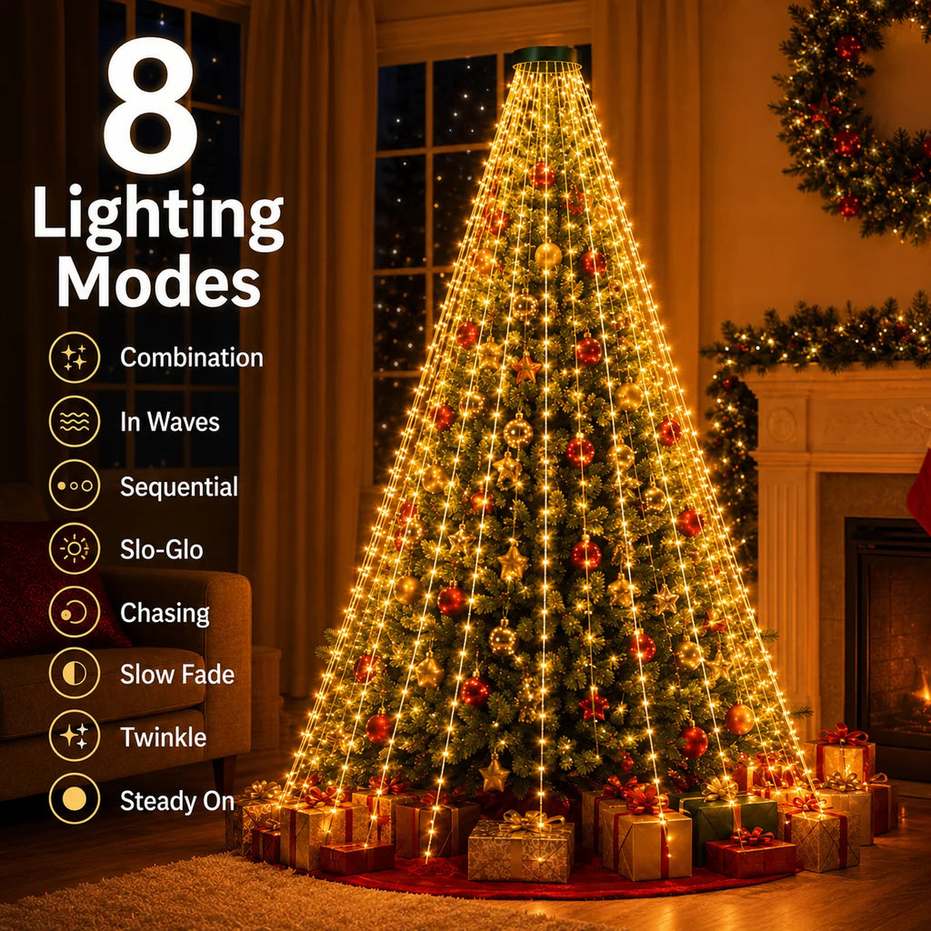 USB Christmas Tree Lights Top Ring String Lights 220/400LED 8 Modes Full Tree Coverage Easy Setup Indoor Christmas Decor