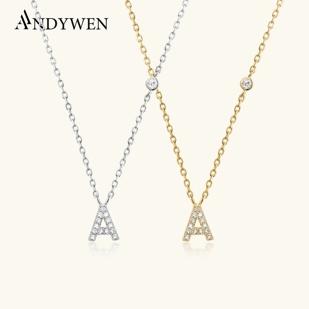 ANDYWEN Collier monogramme en argent sterling 925 plaqué or, petit pendentif avec zirconium cubique, 26 lettres de A à Z, initiale M, bijou pour femme
