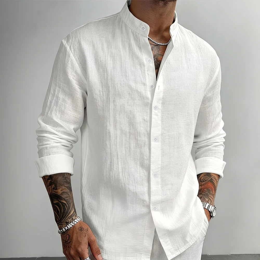 Men's Casual Shirt Henley Neck Cotton Linen Solid Color Button Down Long Sleeve Tops Lightweight Male Basic Style Dailywear