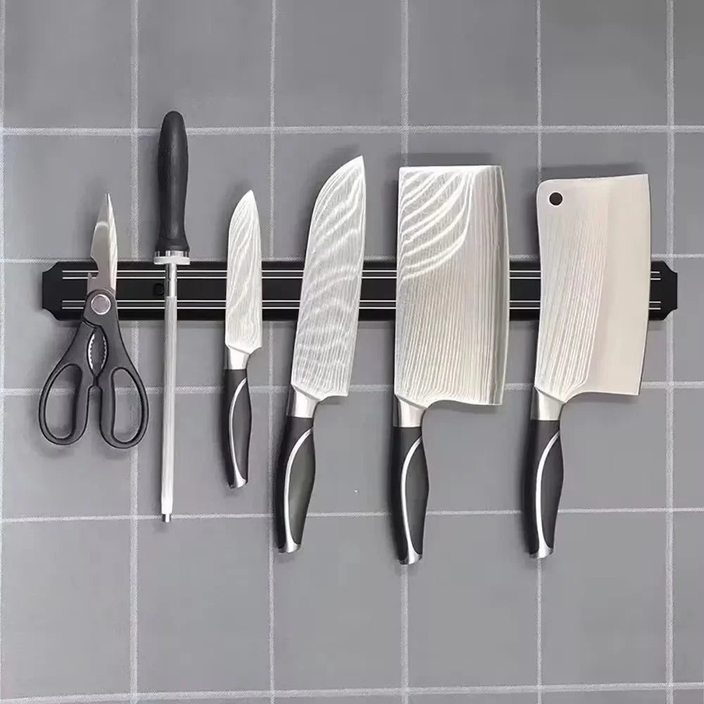 Powerful Magnetic Knife Holder, Multifunctional Wall-Mounted Knife Rack, Black, Practical Kitchen Organizer, No Drilling Required