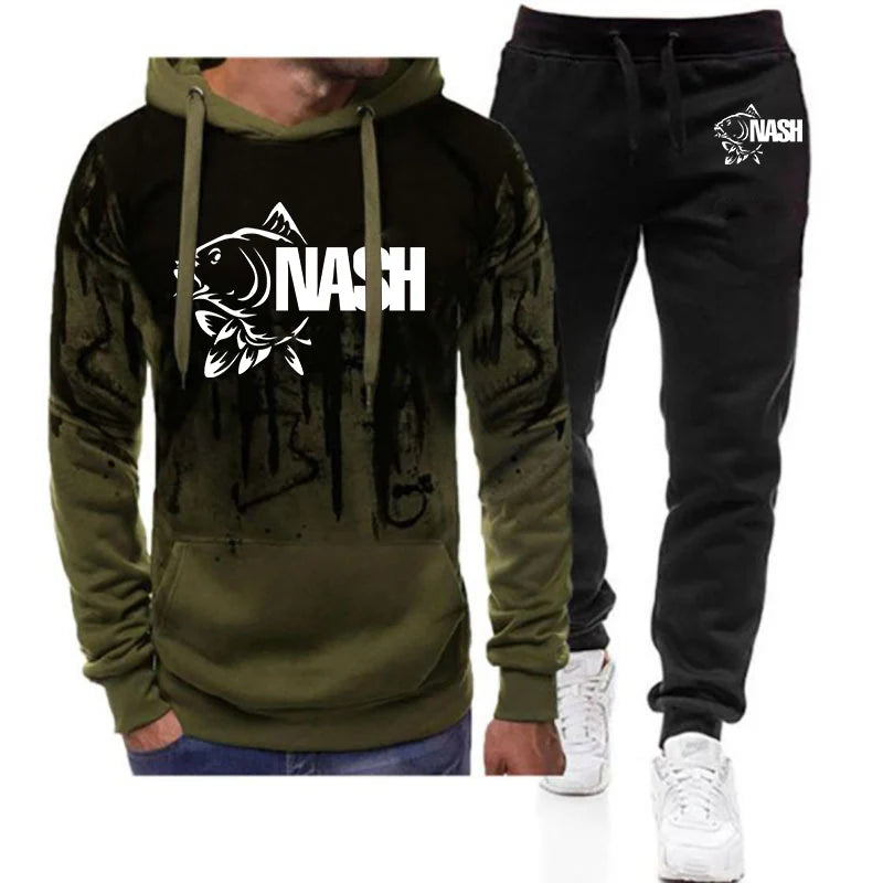 Funny Fishinger Carp Fish Fisherman Print 2025 Spring Autumn Men's New Harajuku Gradient Color Hooded + Pants Two Piece Suit