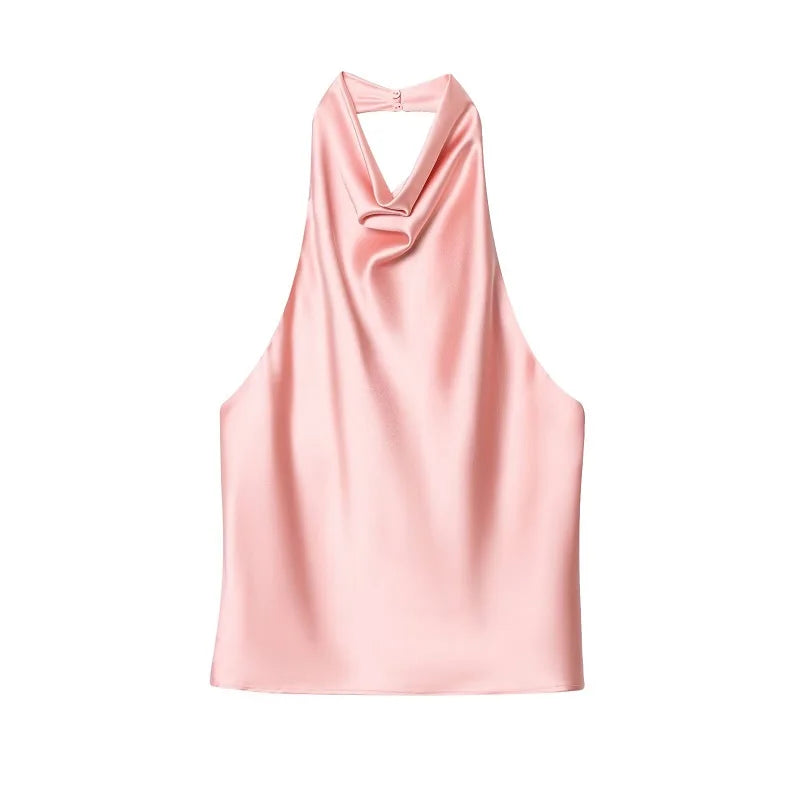 Top satinato da donna con scollo all'americana