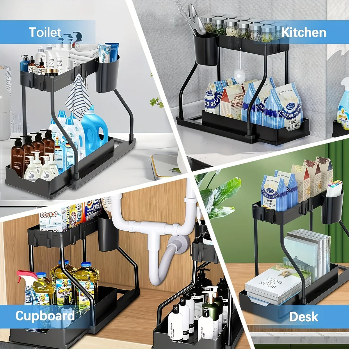 Organizador de 2 niveles que ahorra espacio para debajo del fregadero, caja de almacenamiento extraíble, cajón organizador duradero y de gran capacidad, esencial para cocina y baño