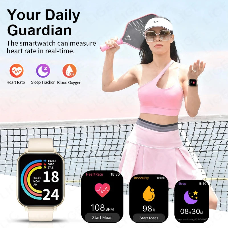 LIGE New 1.83"HD Smart Watch Women Men Health Monitoring Waterproof Bluetooth Call Multi-Sport Modes Smartwatch For Android ios