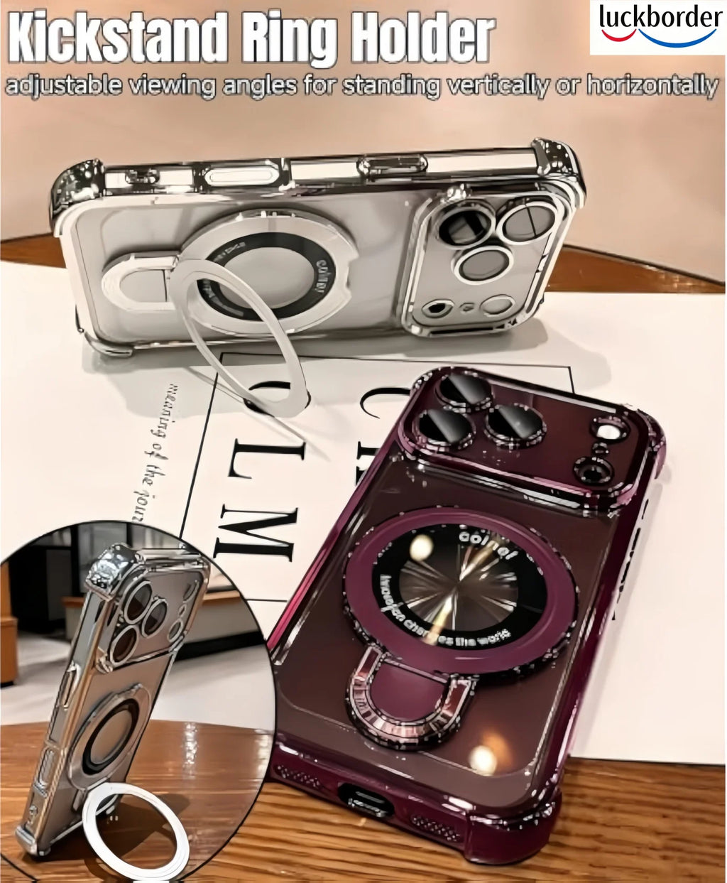 For iPhone 18 17 Pro Max Case Clear with Magnetic Ring Stand Lanyard, Luxury Design Camera Lens Protector Plating Case,Burgundy