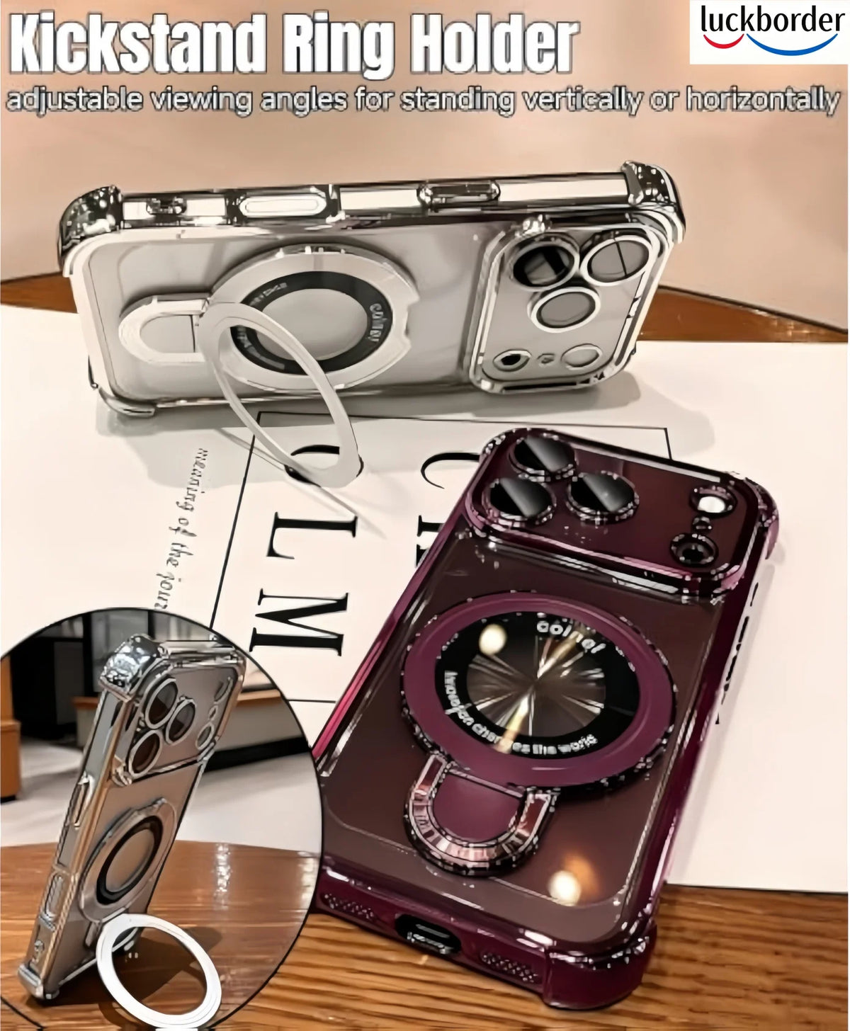 For iPhone 18 17 Pro Max Case Clear with Magnetic Ring Stand Lanyard, Luxury Design Camera Lens Protector Plating Case,Burgundy