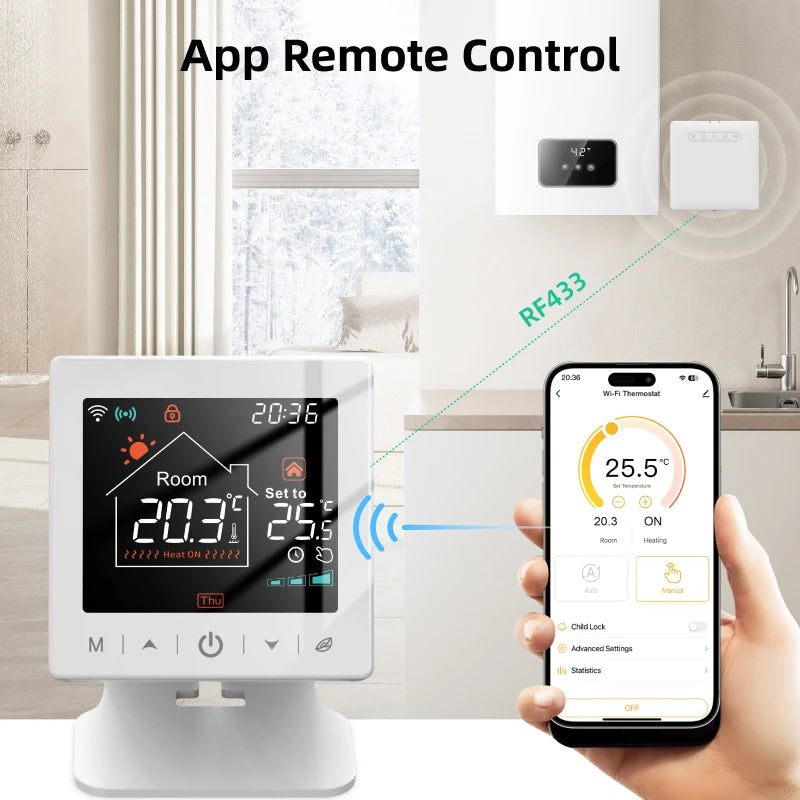 Smart Wi-Fi Wireless Thermostat with 220V Receiver for Dry Contact Signal Water Gas Boiler Tuya Remote Temperature Controller Alexa Google Home Type-c Cable/Battery Powered Thermostat