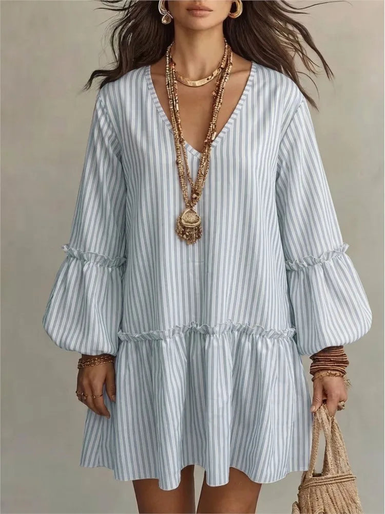 Abito mini a righe da donna con scollo a V