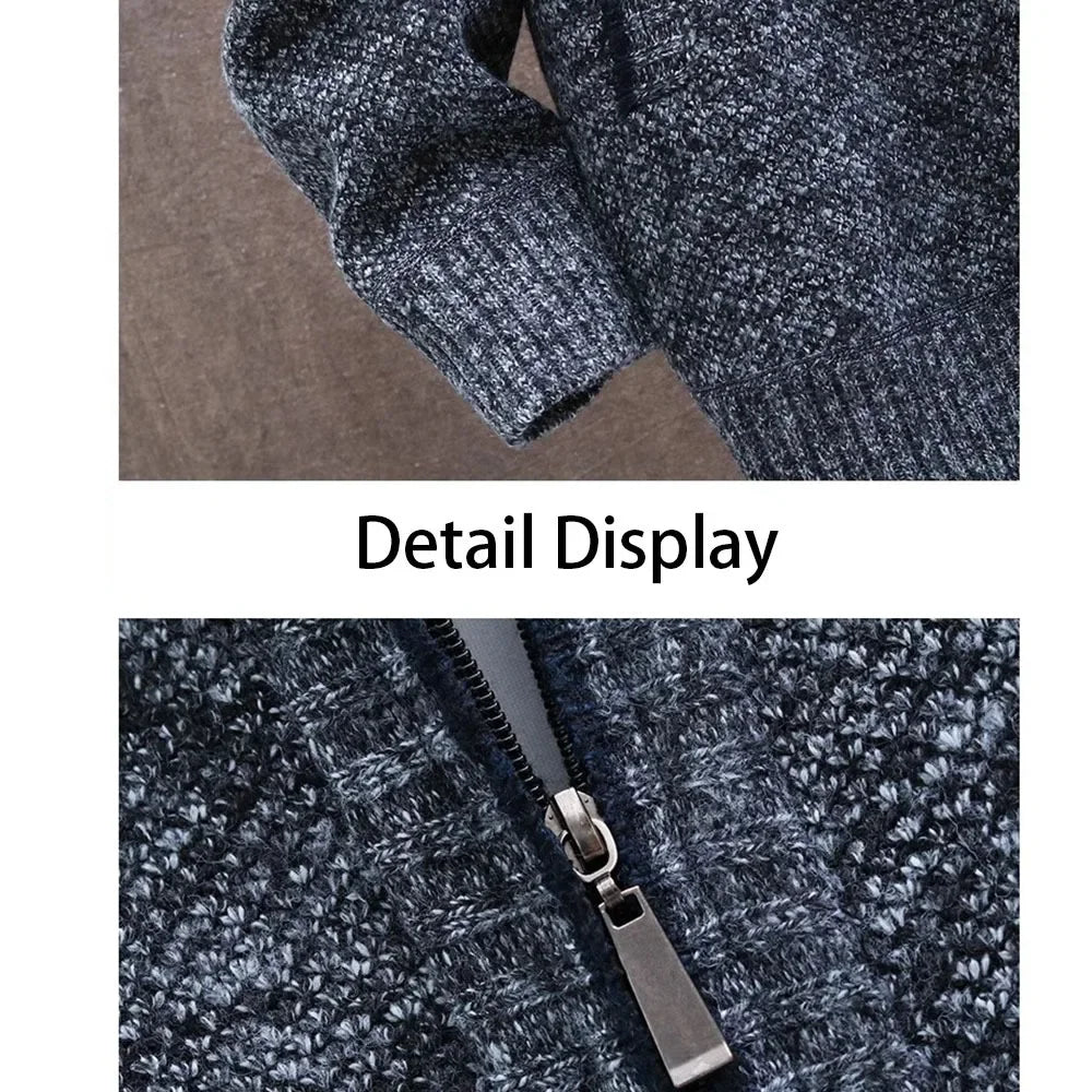 Men Solid Color Knitted Sweater Cardigan Autumn New Long-sleeved Zipper Jacket Warm Fleece Stand Collar Cardigans Basic Jacket