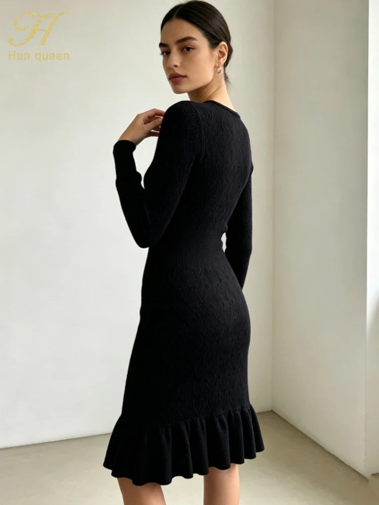 Abito in maglia a sirena con scollo a V e maniche lunghe