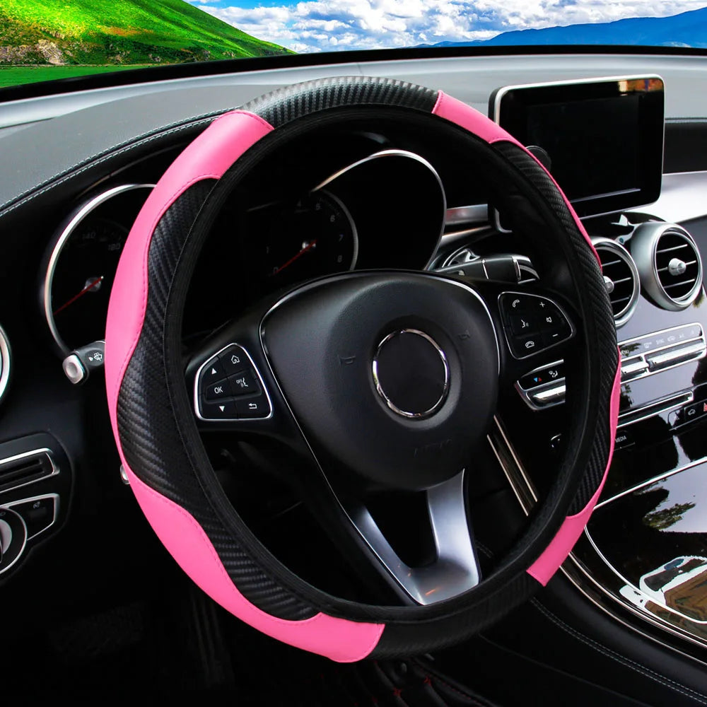 PU Carbon Fiber Leather Steering Wheel Cover Without Inner Ring, Suitable for 14.5–15-Inch Steering Wheels