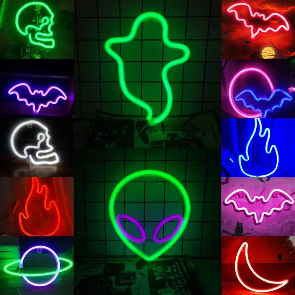 Décoration murale néon LED chauve-souris d'Halloween pour cadeau de fête - Ambiance terrifiante - Alimentation USB ou par piles
