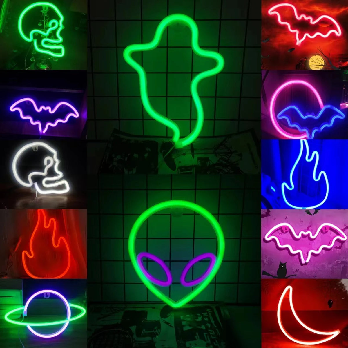 Décoration murale néon LED chauve-souris d'Halloween pour cadeau de fête - Ambiance terrifiante - Alimentation USB ou par piles