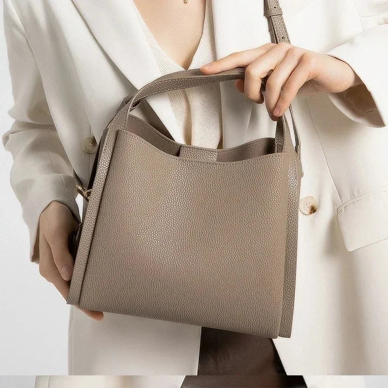 Women Genuine Cowhide Shoulder Bag Upper Arm Purse Bucket Ladies Office Female Commuter Sophisticated Elegant Premium Chic 2026