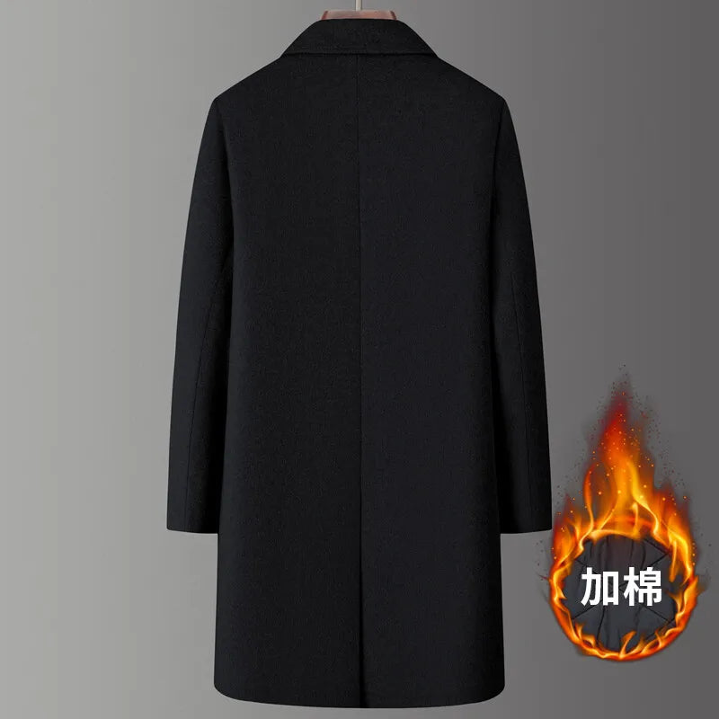2024 Winter New Men's Medium to Long Woolen Coat with Thick Velvet and Warm Double Breasted Casual Coat