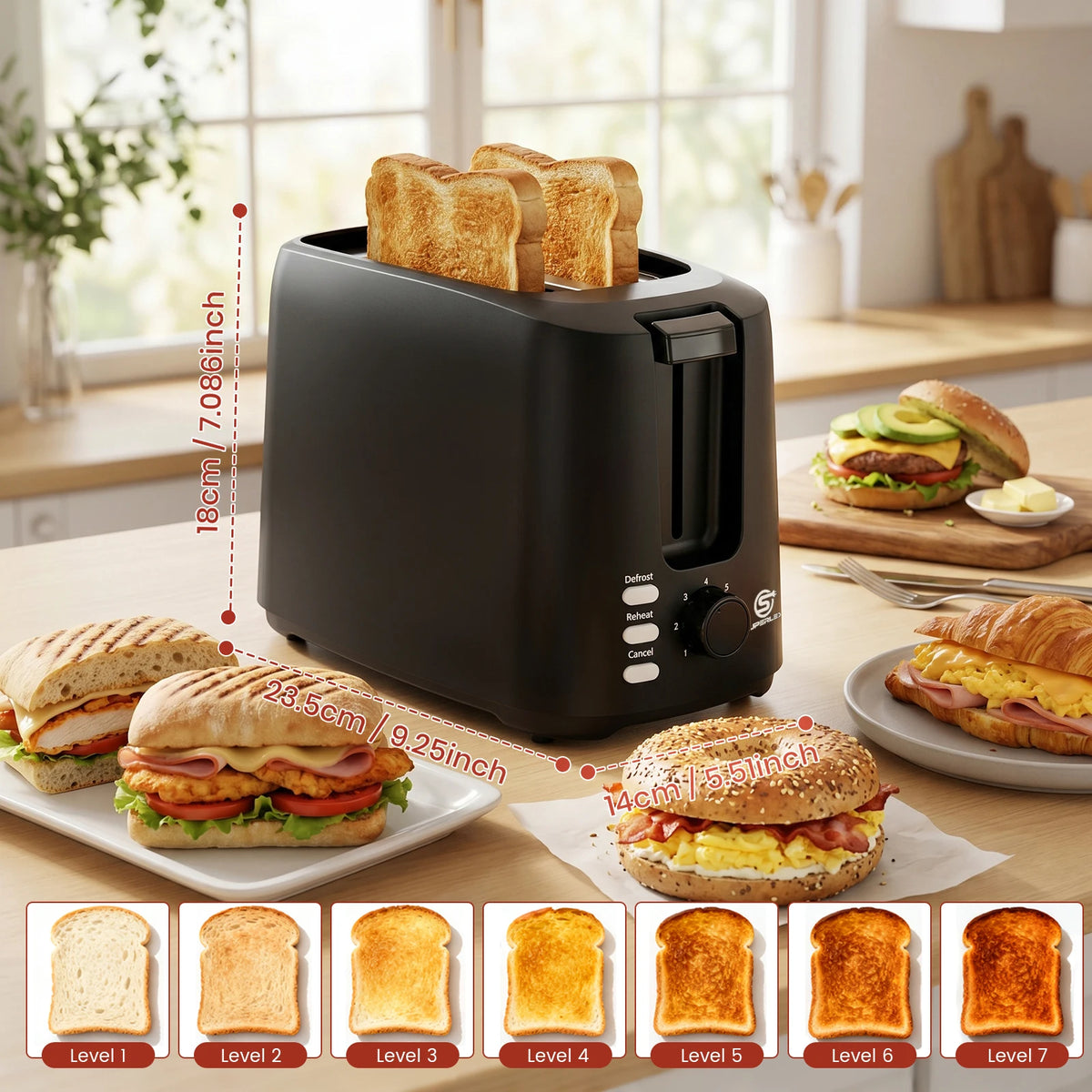 Tostadora SUPERLEX de 2 rebanadas con ranuras anchas, 6 modos, funcionamiento automático y 3 botones, pequeña, de acero inoxidable, para pan