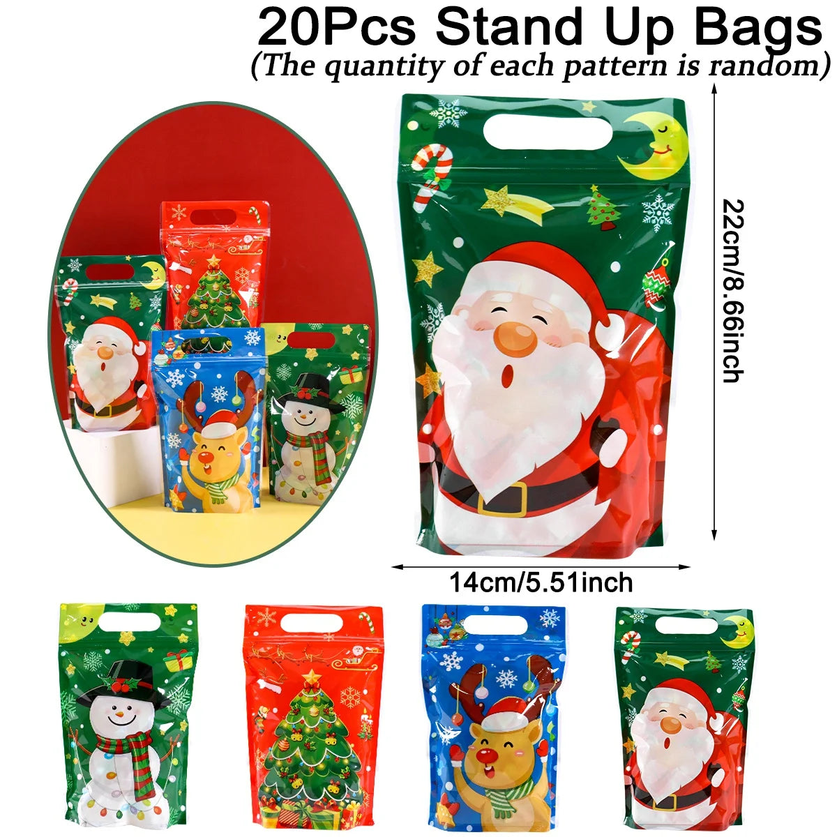 10/20pcs Merry Christmas Gift Bags Cute Santa Xmas Tree Resealable Treat Bags with Zippers New Year Christmas Decor for Home