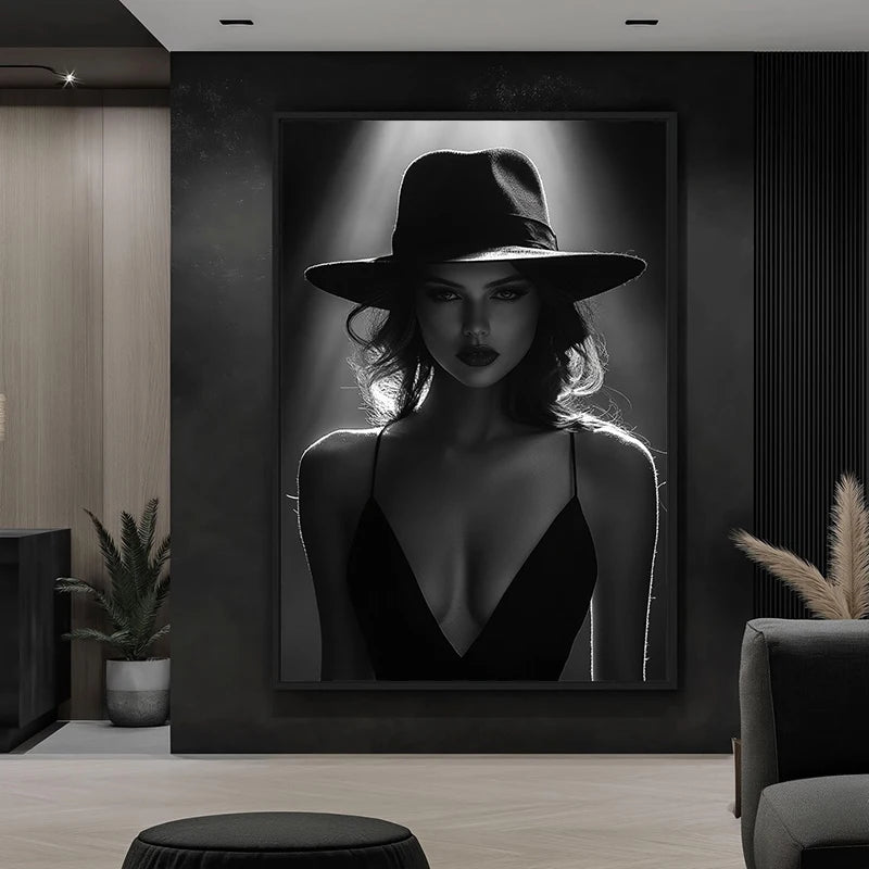 Affiche et impression sur toile d’une élégante femme en noir et blanc portant un chapeau, tableau mural et décoration d’intérieur, cuadros