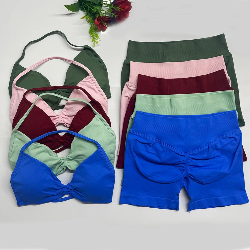 2PCS DF Gym Set Women Strappy Yoga Bra Top Sportswear Workout Scrunch Shorts Sports Suit Seamless Set Fitness Clothes