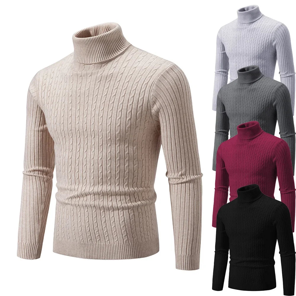 New Men's Turtleneck Sweater Solid Color Jacquard Pullover Knitted Sweaters Casual Warm and Comfortable Tops Mens Clothing