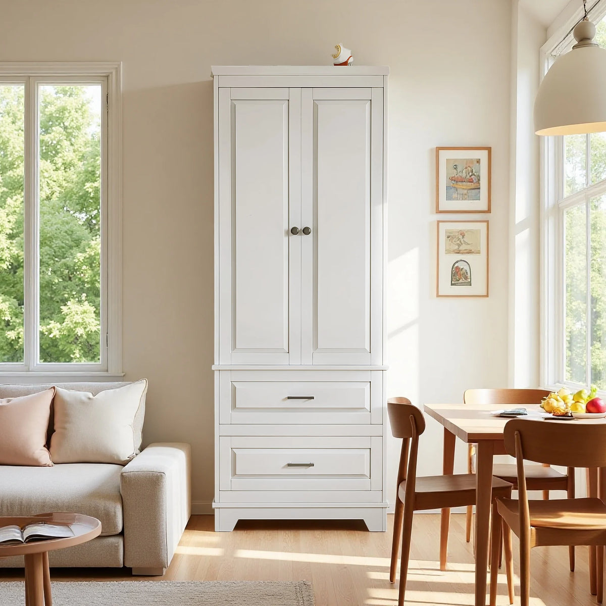 Comanlai moderner weißer Aufbewahrungsschrank 157 x 60 x 40 cm, multifunktionaler Holzschrank mit 2 Türen und 2 unteren Schubladen, einfach aufzubauendes Bücherregal und Ablagesystem für Wohnzimmer, Schlafzimmer, Küche, Badezimmer und Büro