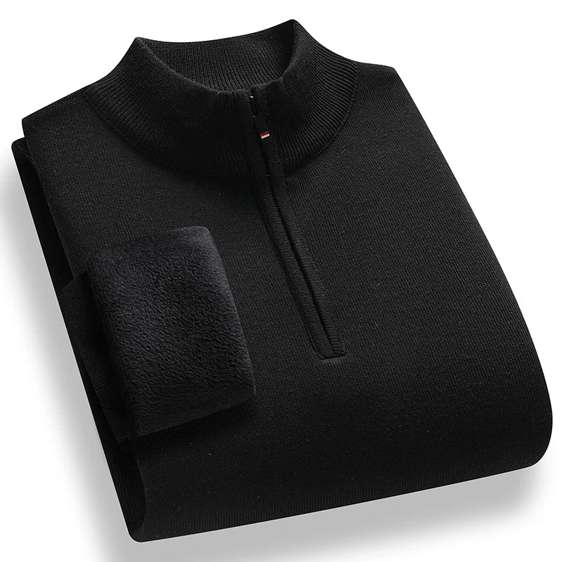 Men's Fleece Sweater Solid Color Mock Neck Slim Fit Warm Thicken Knitted Pullovers Solid Color Casual Business Knitwear