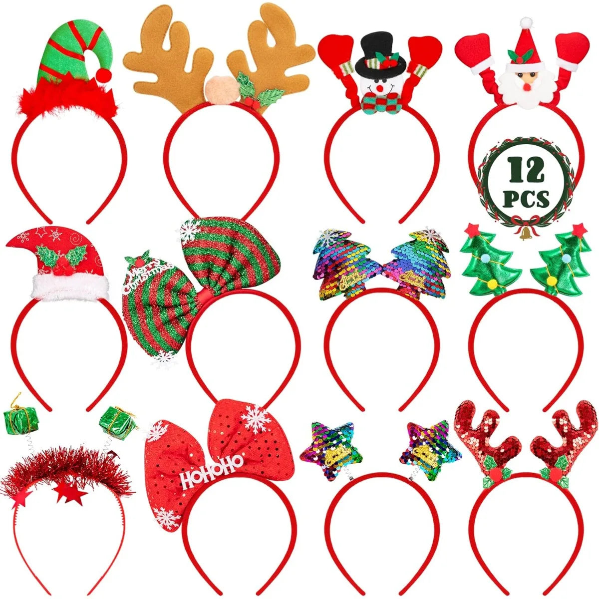 12Pcs Different Holiday Christmas Headbands Christmas Themed Plastic Headbands with Santa Claus Snowman Reindeer Antlers Party