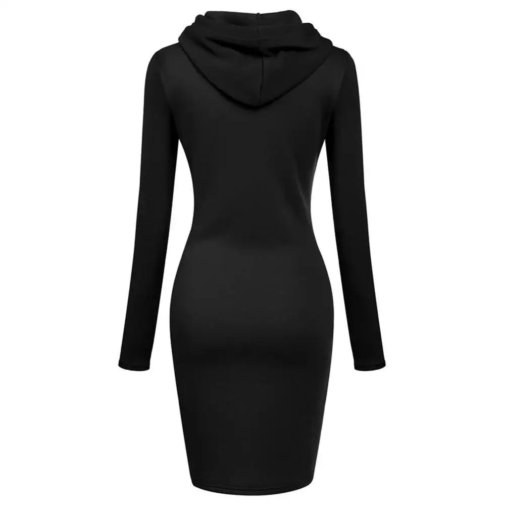 Women's casual knee-length dress with hood and pockets