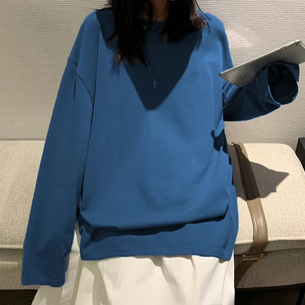 New Trendy Cotton Long Sleeve T-Shirt Women Oversize  Basic Tee Casual O-neck Tops Simple Streetwear Cozy Versatile T-shirt