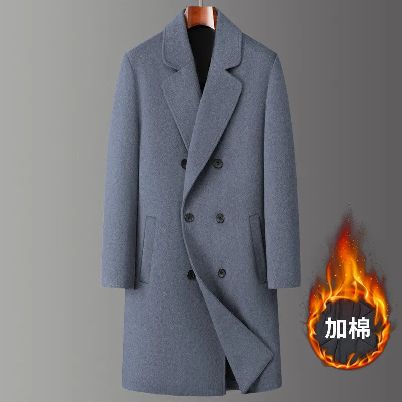 2024 Winter New Men's Medium to Long Woolen Coat with Thick Velvet and Warm Double Breasted Casual Coat